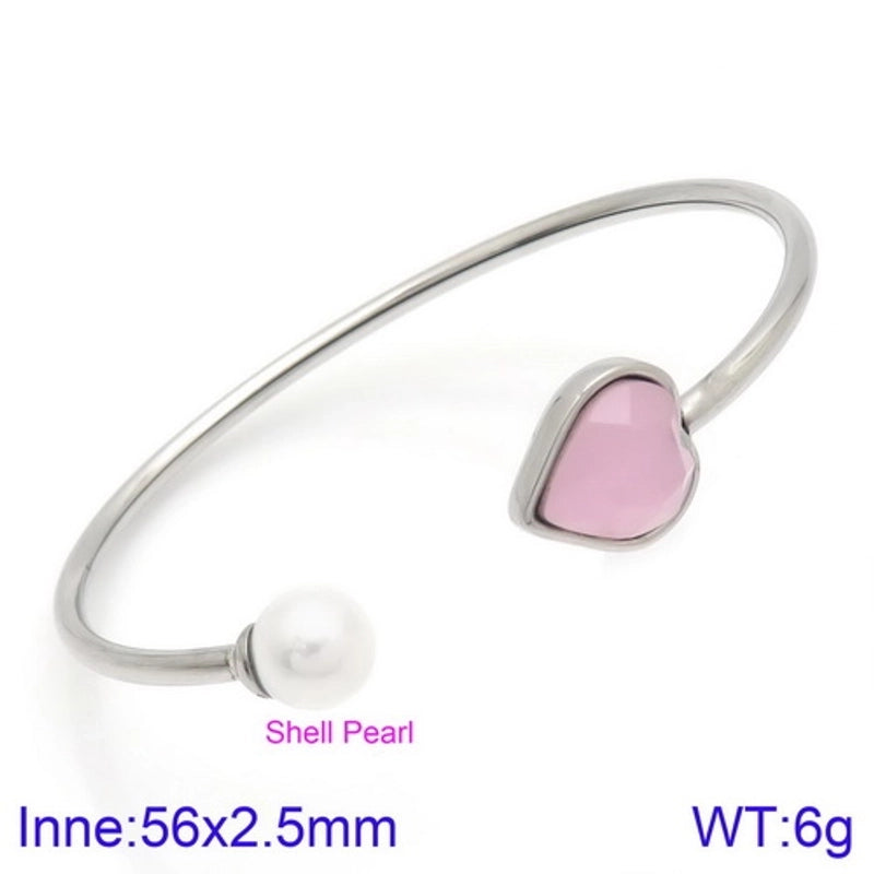 Modern Style Minimalist Heart Shape Stainless Steel Titanium Steel 18K Gold Plated Glass Stone Pearl Bangle In Bulk