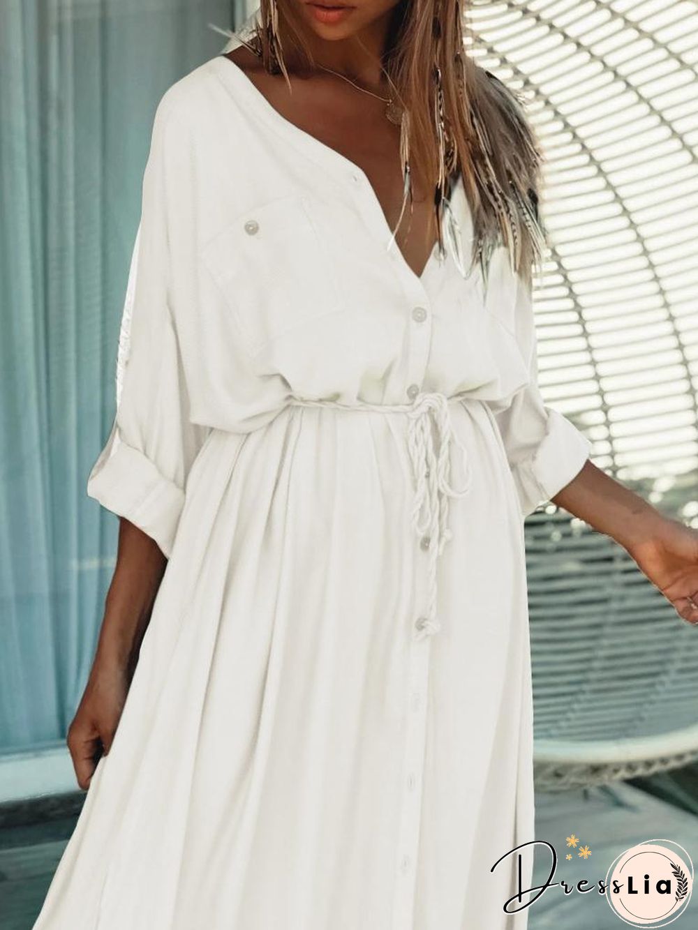Single-Breasted Belt Beach Sun Protection Shirt Long Dress