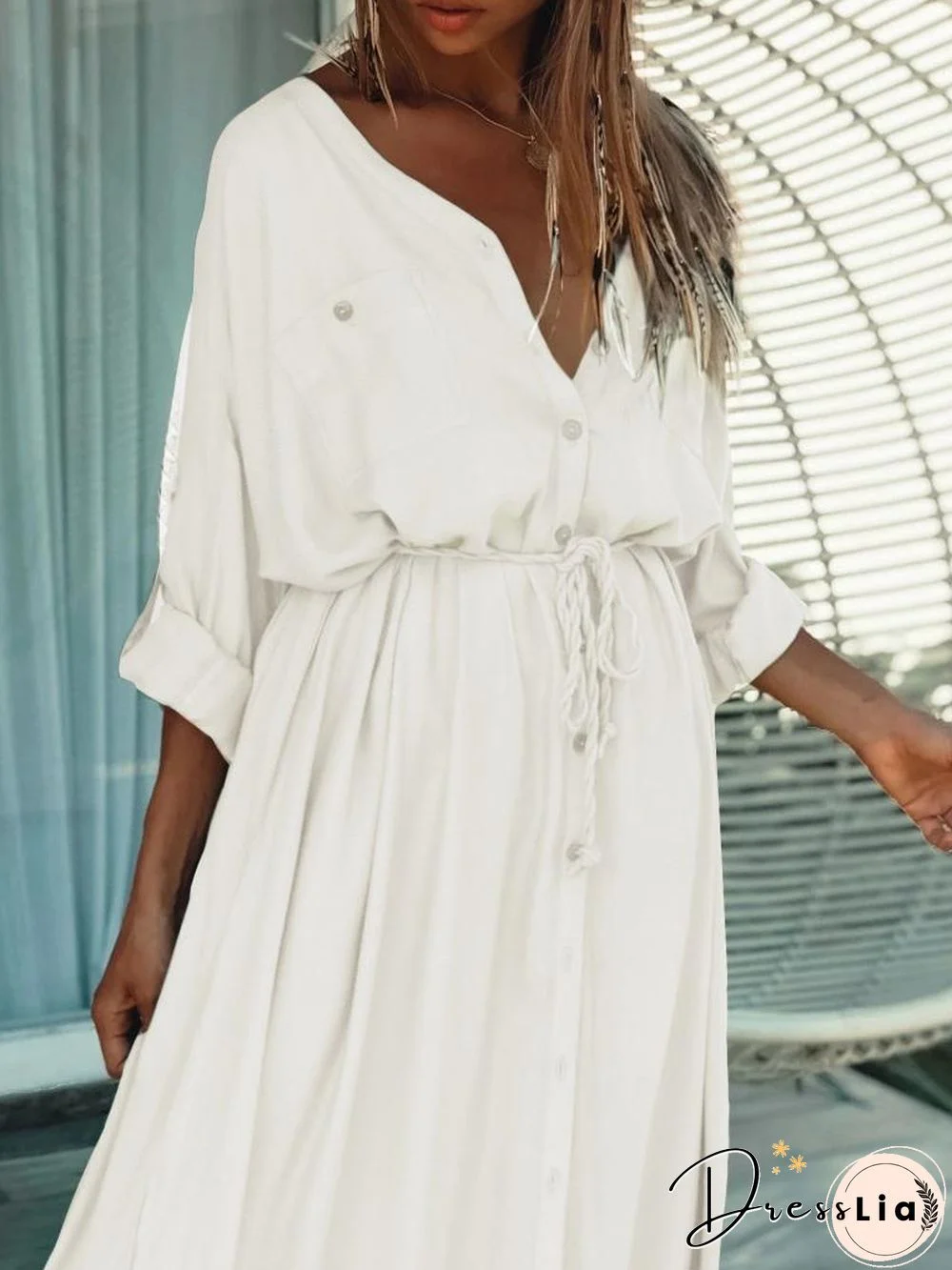 Single-Breasted Belt Beach Sun Protection Shirt Long Dress