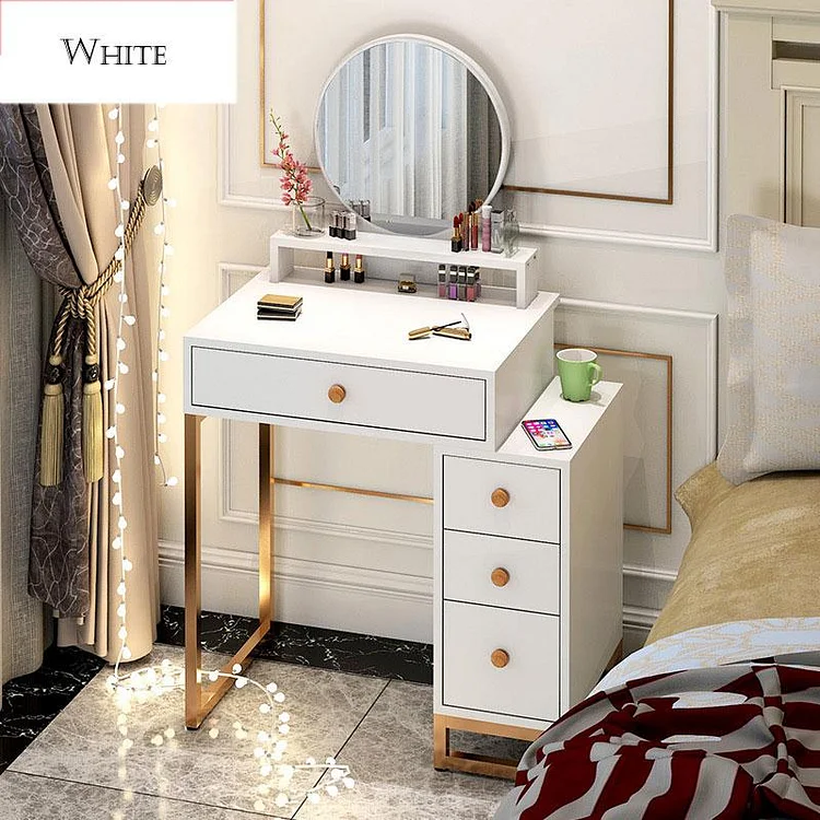 White Gray Round Mirror Multi-Drawer Metal Dresser