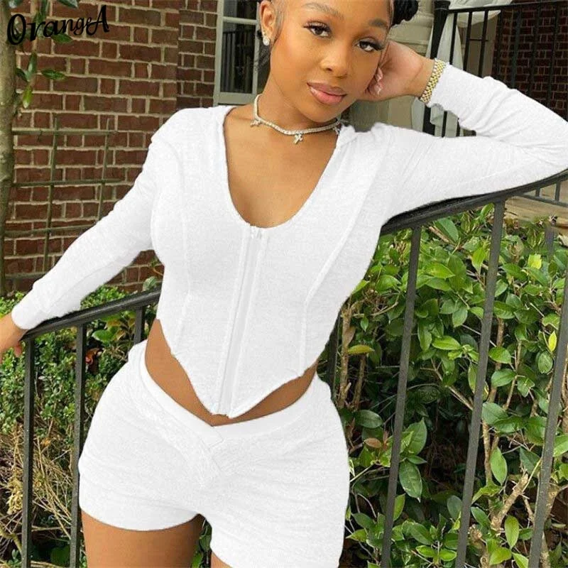 OrangeA women tracksuit fitness long sleeve v-neck zipper crop top biker shorts two piece outfits sporty fitness slim streetwear