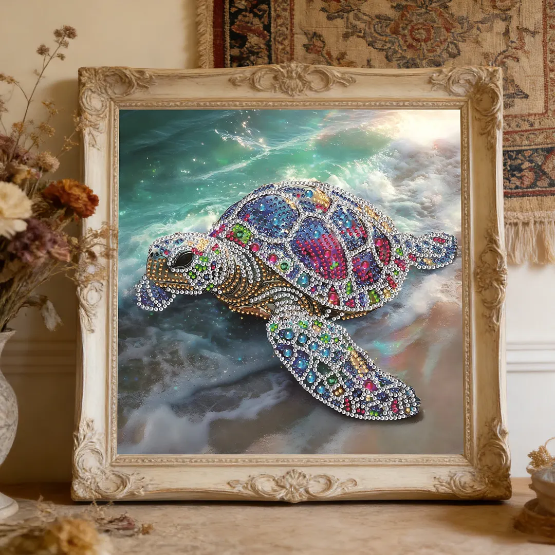 Beach Shimmering Beaded Turtle Special Shaped 5D DIY Partial Drill Diamond Painting Kits for Adults Beginners Home Decor Diamonds Dots Gem Art Kits 11.81 X11.81inch