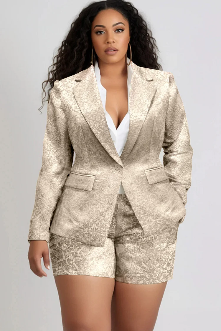 Xpluswear Design Plus Size Business Casual Gold Elegant All Over Print Turndown Collar Long Sleeve Pocket Two Piece Short Sets [Pre-Order] 2024 - Xpluswear