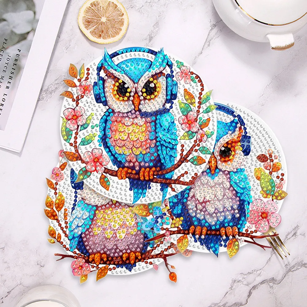4Pcs Wooden Diamond Painting Placemats Round Diamond Art Table Mats (Owl B)