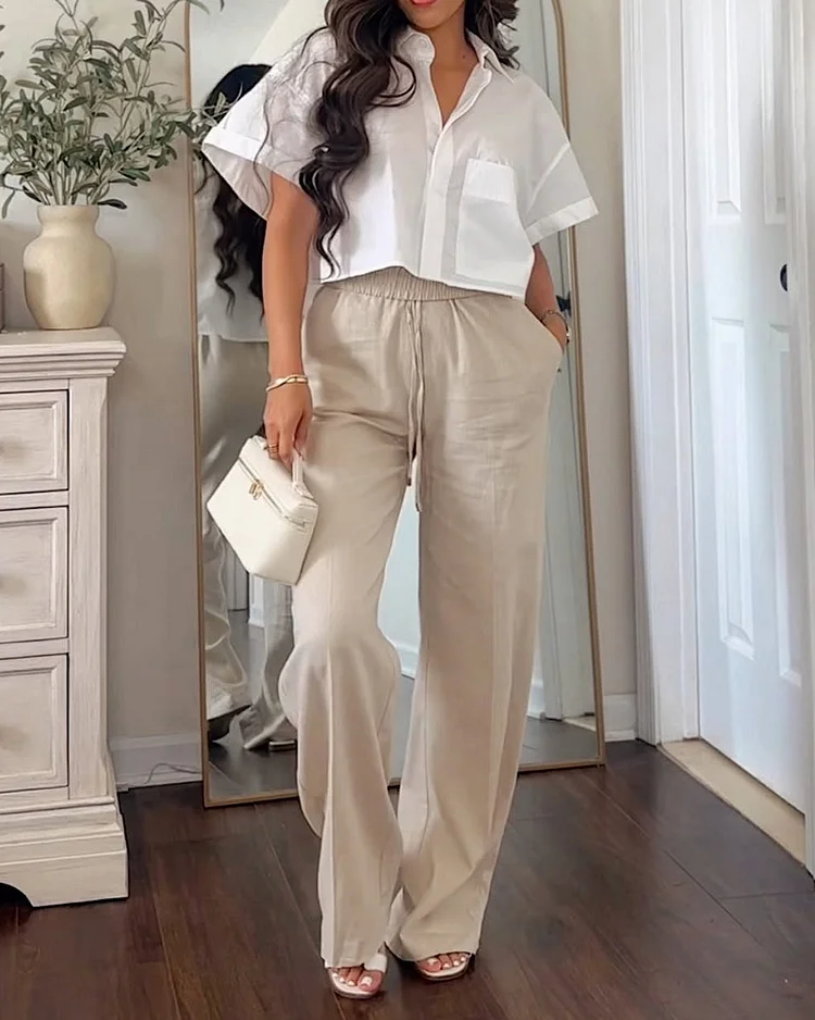 Women's short-sleeved solid color two-piece suit