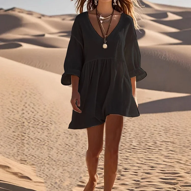 Women's Classy Beige Cotton Spring Loose Bell Sleeves Dress