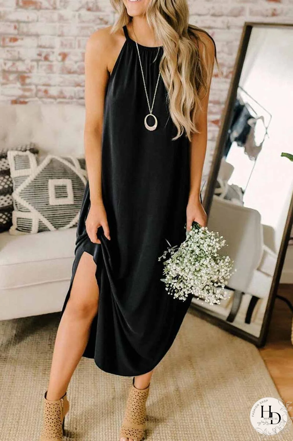 Loose Sexy Solid Color Sling Midi Dress