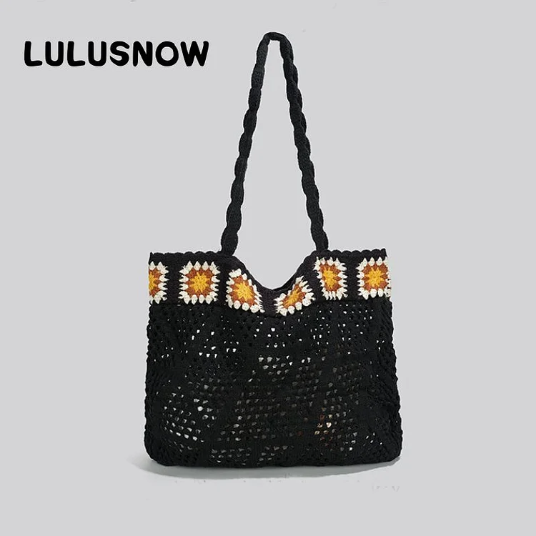 Lulusnow Handmade Black Beach Summer Bag Granny Square Crochet Shoulder Bag  Minimalist Lifestyle