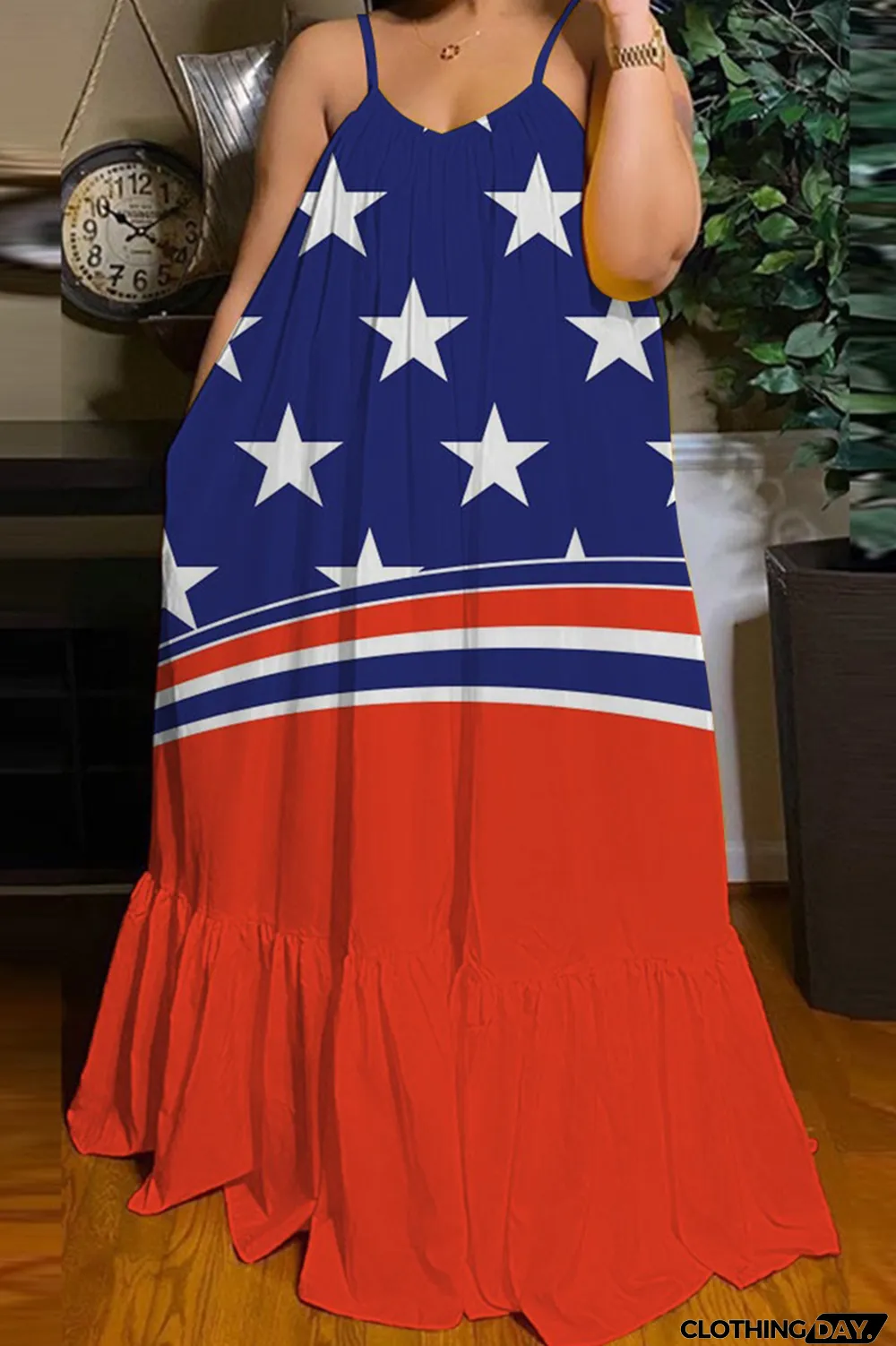 Blue Red Fashion Casual Print Backless Spaghetti Strap Long Dress