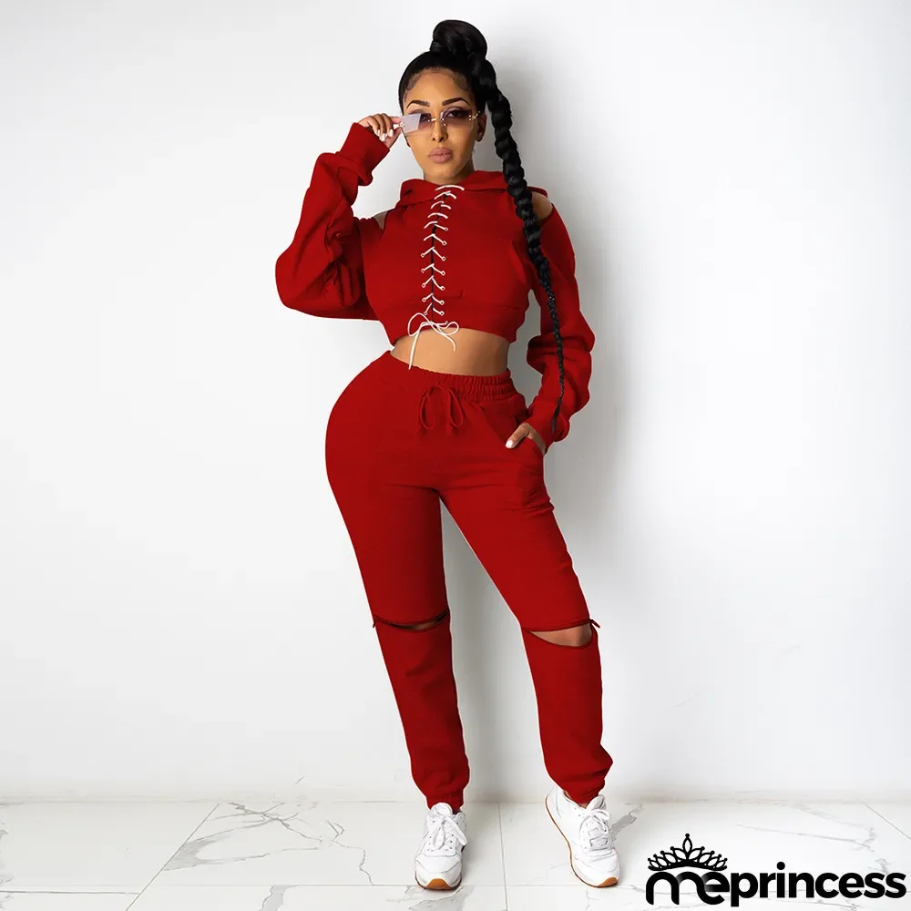 Solid Off Shoulder Lace Up Hoodoes Hole Pants 2 Piece Sets