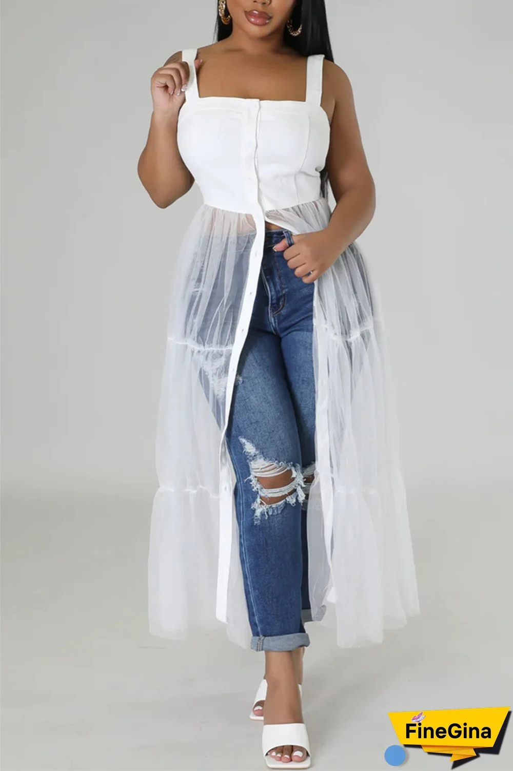 Black Casual Simplicity Solid Patchwork Fold Mesh Spaghetti Strap High Waist Tops