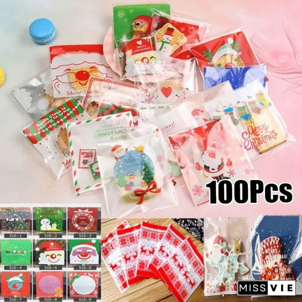100Pcs Merry Christmas Candy Gift Bags Xmas Cellophane Santa Cello Cookies