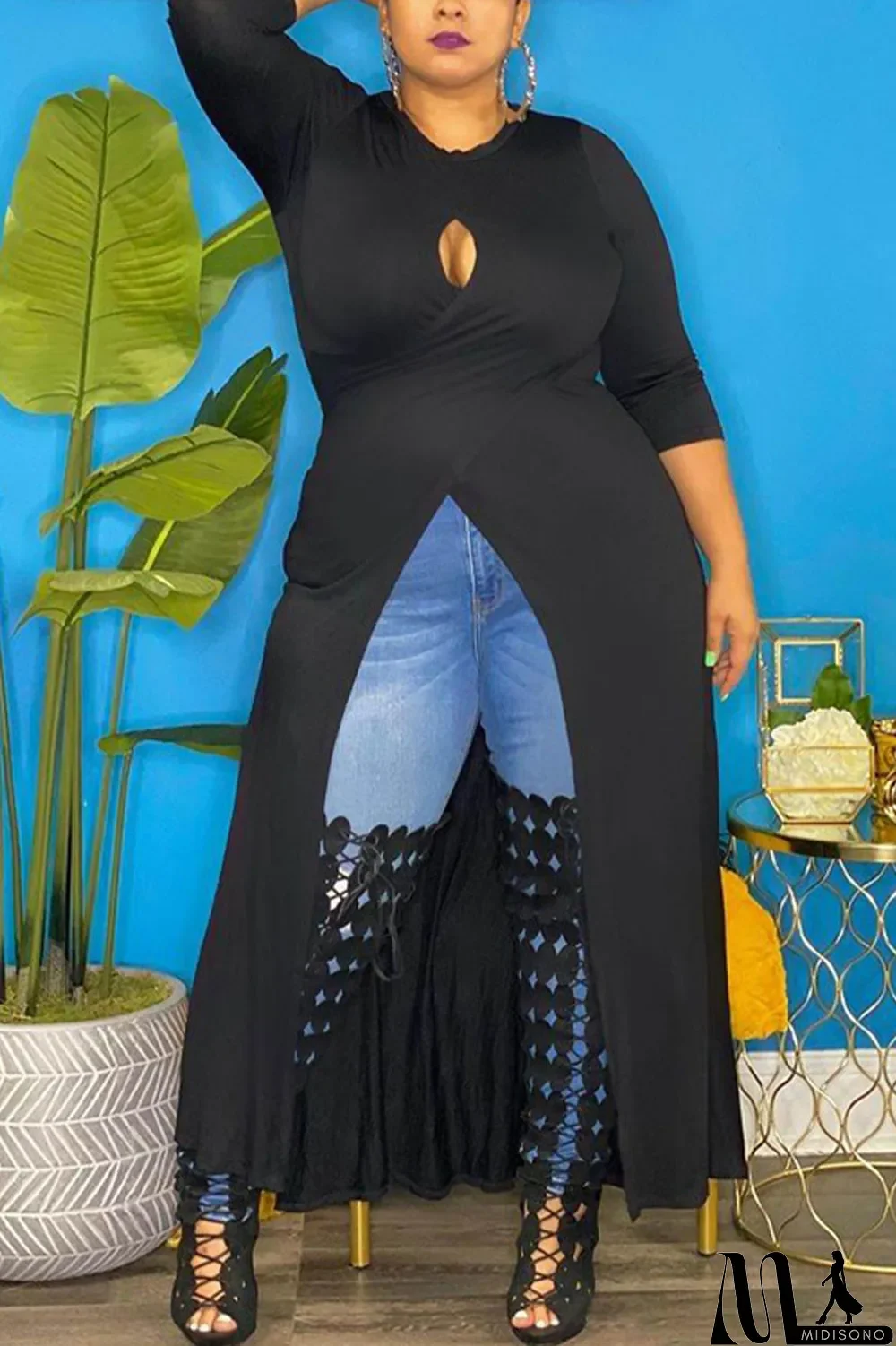 MidiSono - Army Green Sexy Solid Hollowed Out Slit O Neck Plus Size