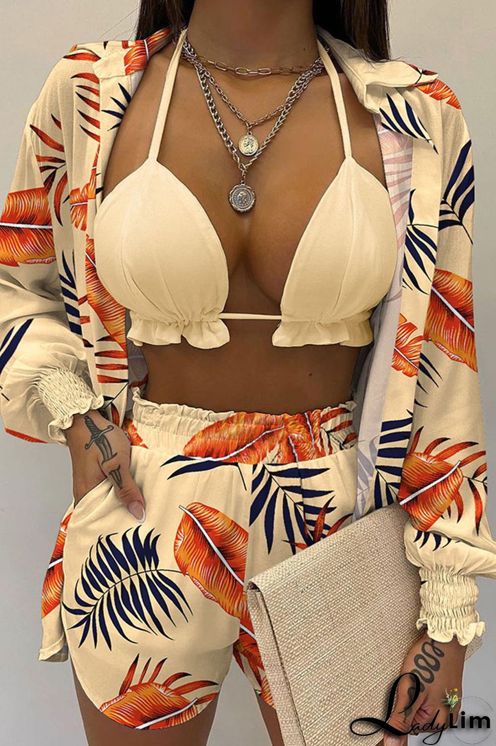 Yellow Sexy Print Patchwork Turndown Collar Long Sleeve Three Pieces