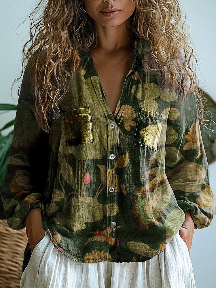 Women's Flowers Art Print Casual Long Sleeve Comfortable Cotton Shirt