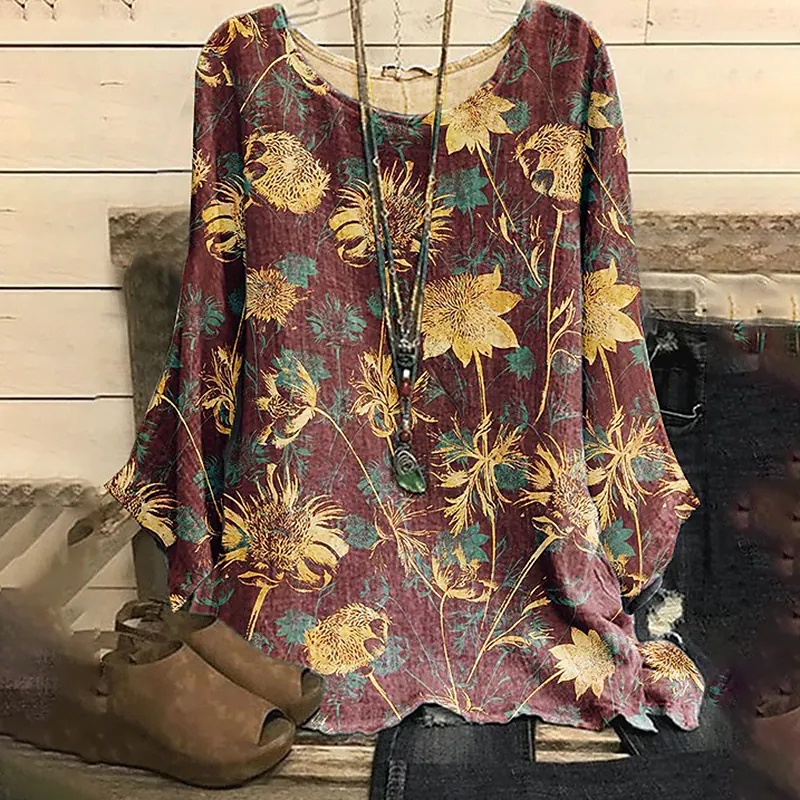 Women Fashion Round Neck Loose Elegant Tops Flower Printing Tee Shirt