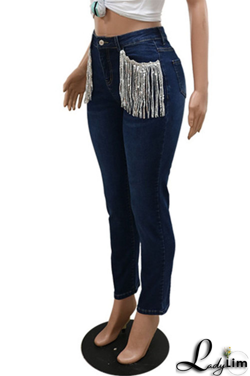 Light Blue Fashion Casual Solid Tassel Patchwork Mid Waist Skinny Denim Jeans