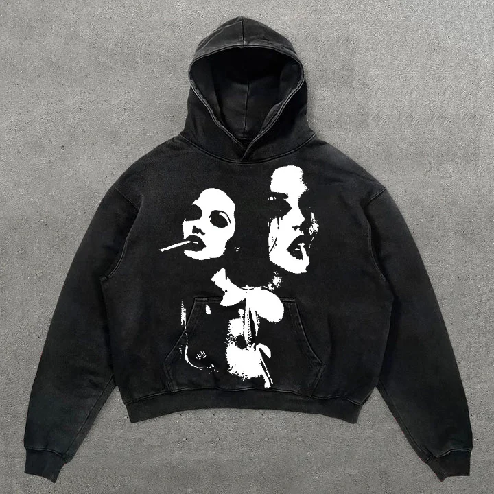 Retro Abstract Face Smoking Print Washed Hoodie