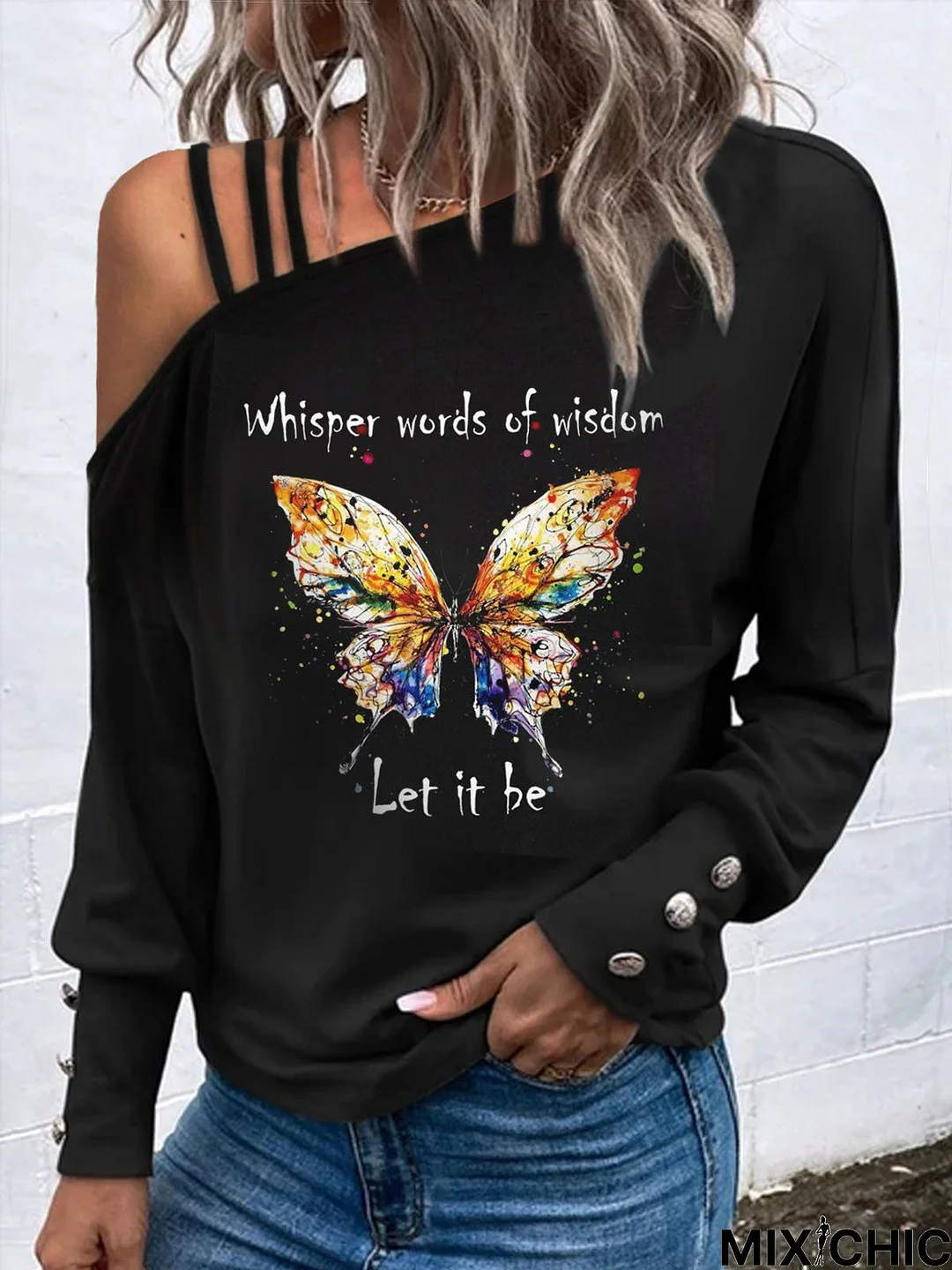 Casual Butterfly Printed Buckle Cold-shoulder Loose T-Shirt