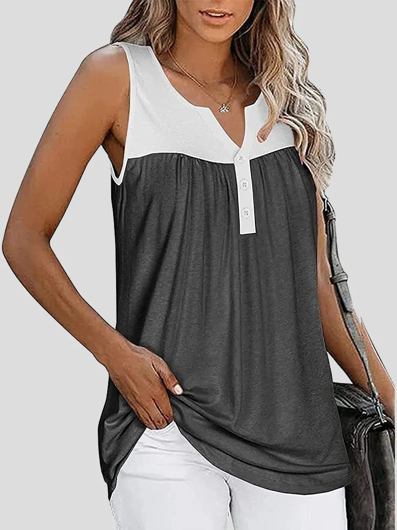 Sleeveless V-Neck Button Paneling Tank Tops