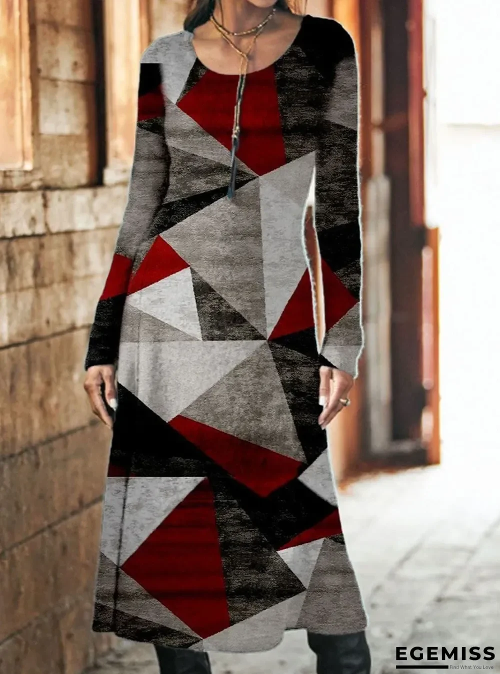 Fashion Color Block Long Sleeve Round Neck Casual Maxi Dress | EGEMISS