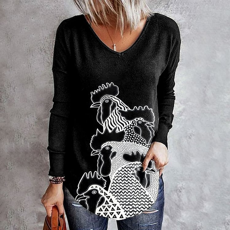 Comstylish Contrast Rooster Print Long Sleeve T-Shirt