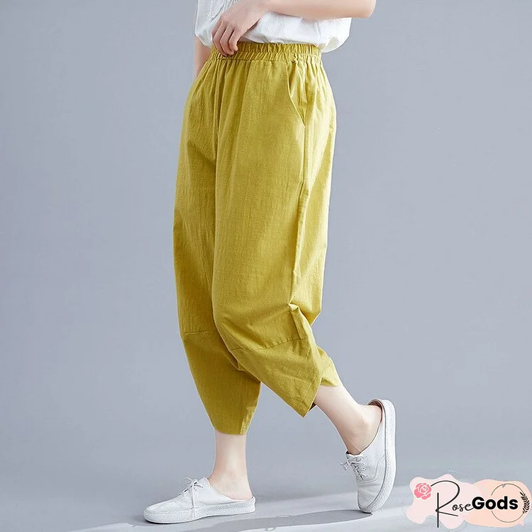 New Casual Loose Women's Calf Trousers Spring and Summer Fashion Cotton and Linen Women's Pants Elastic Waist Nine-Point Pants