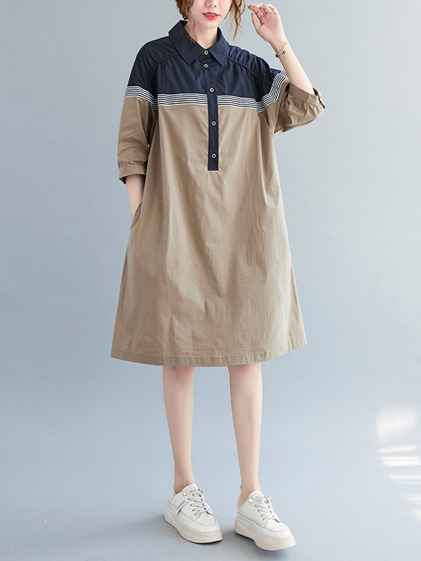 Urban Contrast Color Polo Half Sleeves Midi Dress