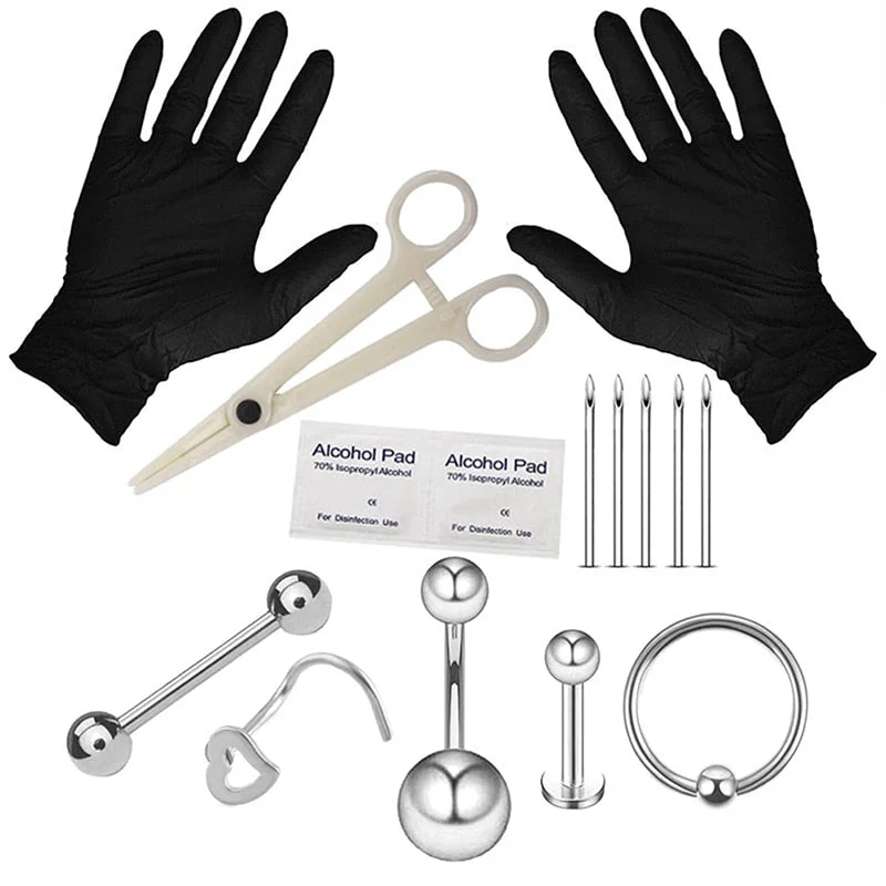Body Piercing Kit With Needle Pack Nose Septum Belly Button Piercing Tool Kit Ear Tragus Nipple Eyebrow Labret Pircing Set Clamp