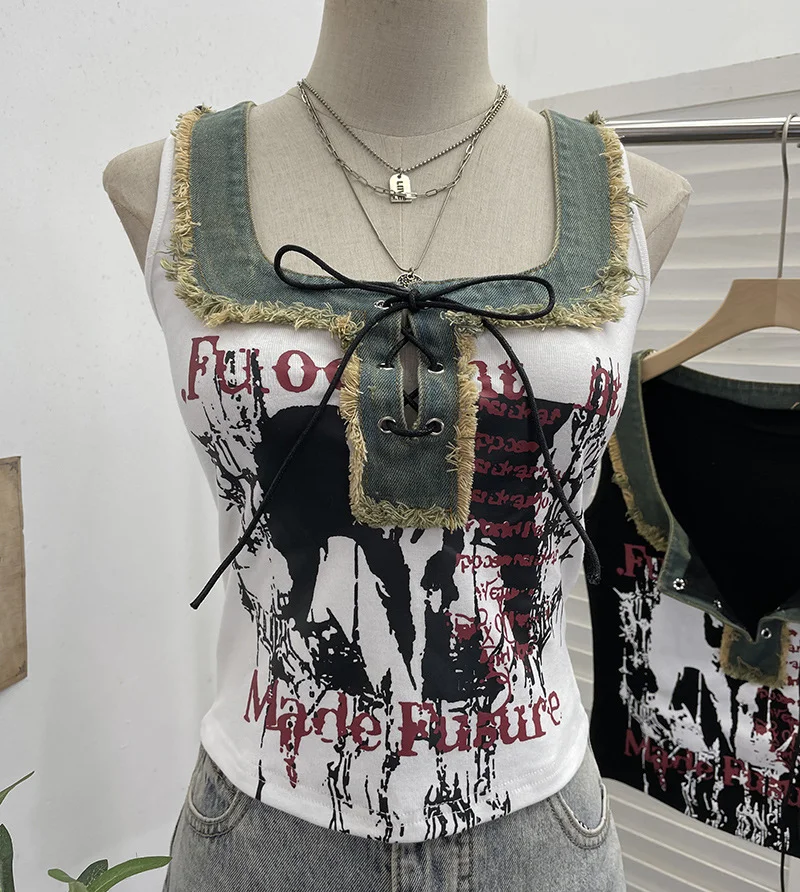 Nigikala Nigikala Shooting Hottie Hairy Denim Spliced Printed Vest With Bows Short Sleeveless Top 8926