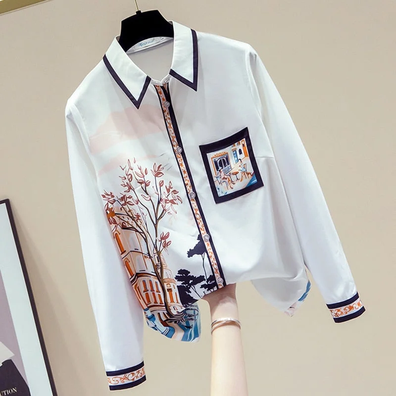 Women Fall 2021New Fashion Shirt Printed Shirt Female Top Turn-Down Collar Niche Korean Style Loose Chiffon Blouse GX1440