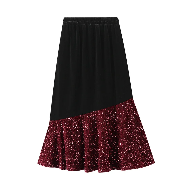 Nigikala Nigikala Skirt Autumn And Winter Velvet Splicing Lin Apparent Black Dress Dress Girl J530