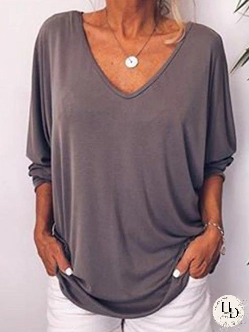 Fashion Solid V Neck Long Sleeve Buttoned T-shirt