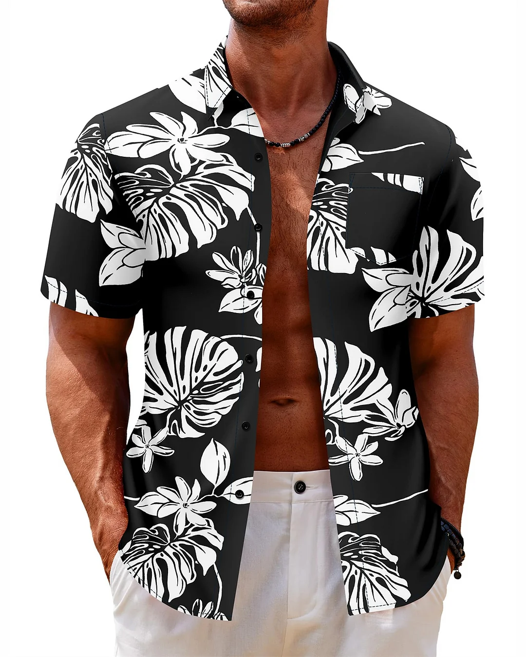 Men's Hawaiian Tropical Floral Print Casual Loose Pocket Short Sleeve Shirt  1391