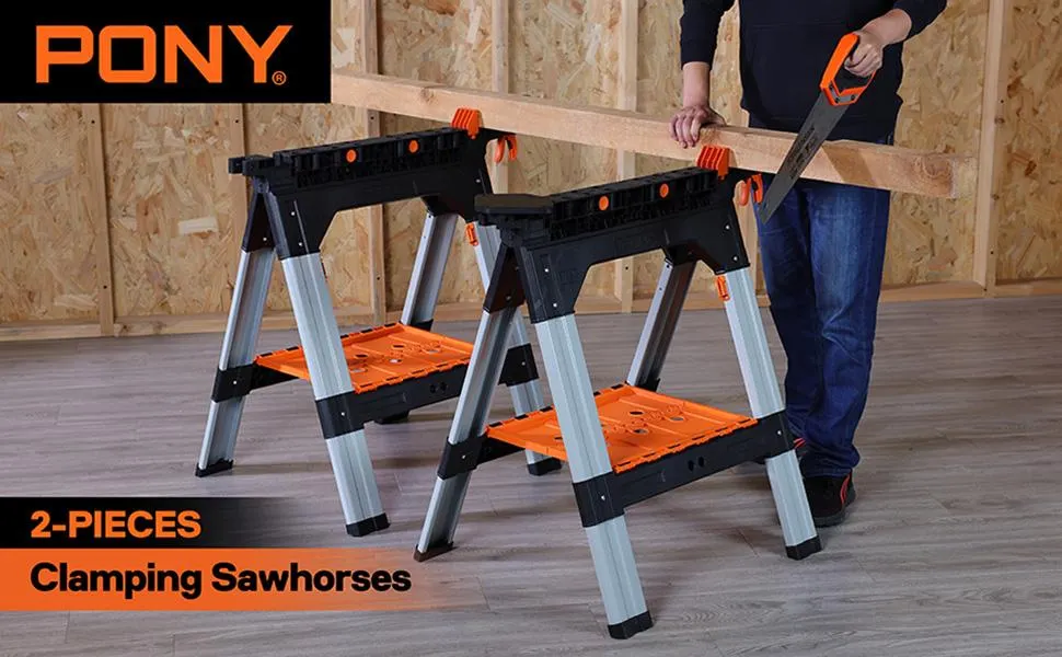 #fathersdaygift PONY 2-Pack Clamping Sawhorses, 1200 LBS Load Capacity, 30-3/4" Folding Sawhorse with 12” F Clamps, Bench Dogs, Angle Clamps, 2" Spring Clamps, Steel Legs, Heavy Duty for Woodworking