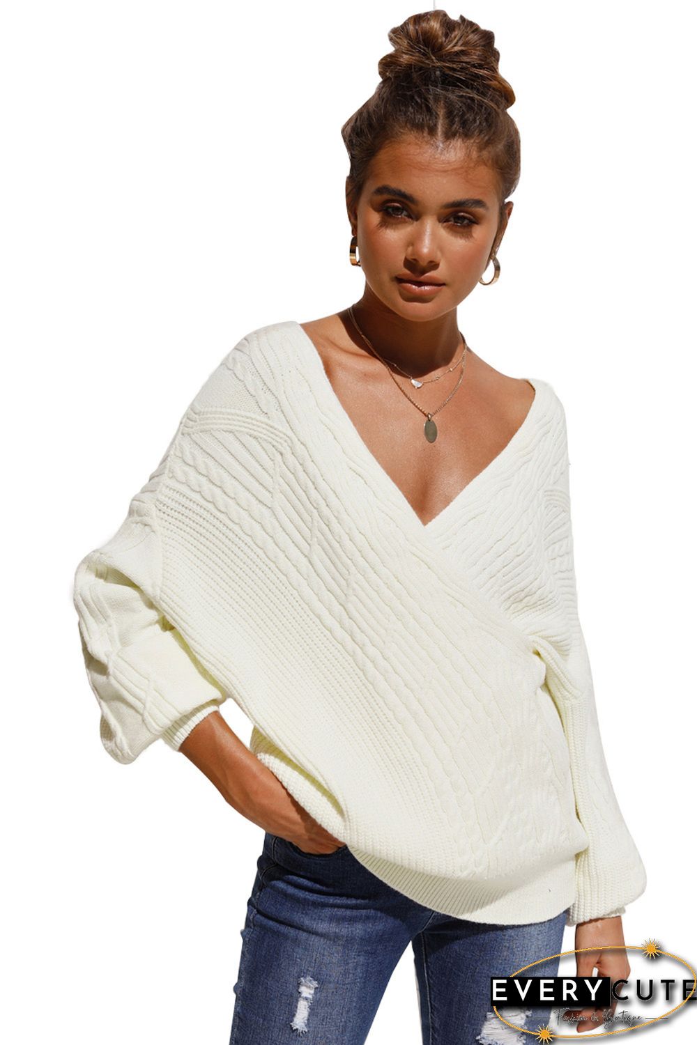 Beige Wrap V Neck Lantern Sleeve Textured Sweater