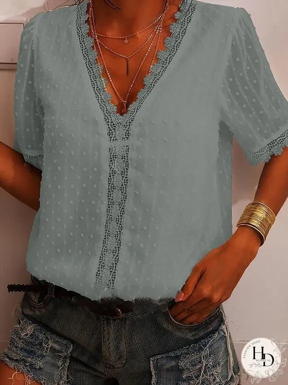 Deep V-neck Embroidered Lace Chiffon Blouse