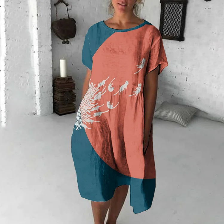 Abstract Creative Dandelion And Cat Painting Art Midi Dress