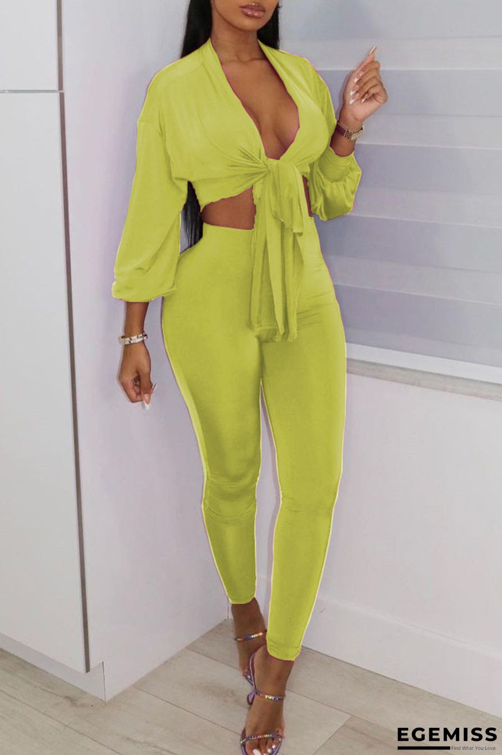 Yellow Sexy Solid Bandage Patchwork V Neck Three Quarter Two Pieces | EGEMISS