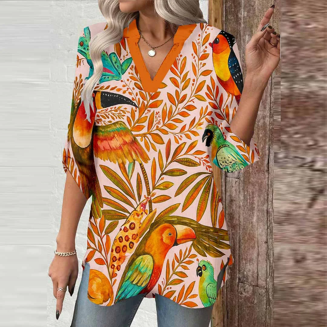 Women Tropical, Pink, Green DZGA0121 3/4 Sleeve V-neck Printed Graphic Button Tops