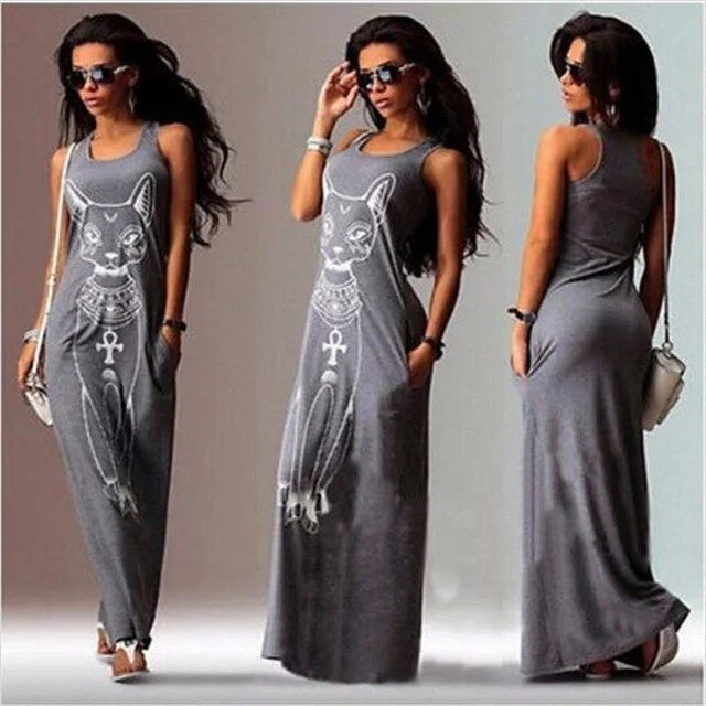 Women Long Maxi Dress 2019 Fashion Cat Print Bodycon Dress Elegant Evening Party Dresses Tunic Vestidos Largos Plus Size