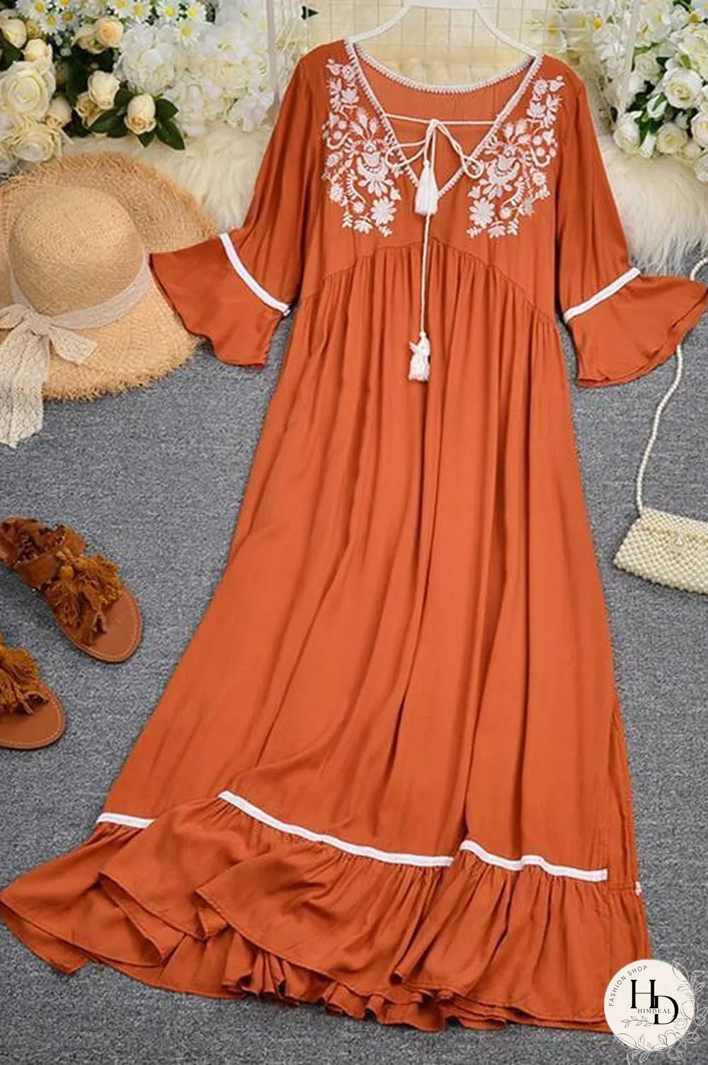 Embroidery Flares Sleeve Maxi Dress