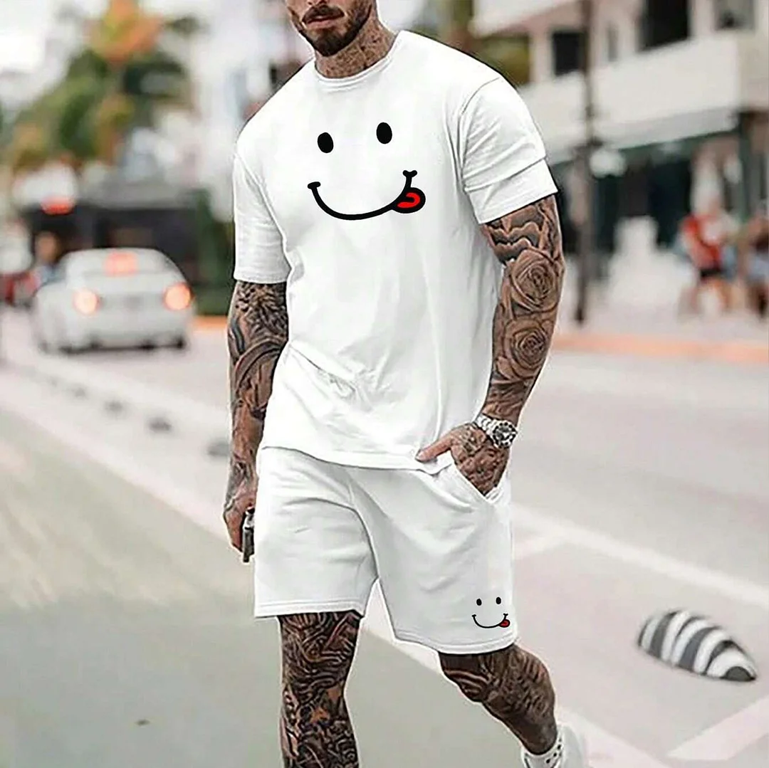 Happy Emoji White T-shirt and Shorts Printed Suit