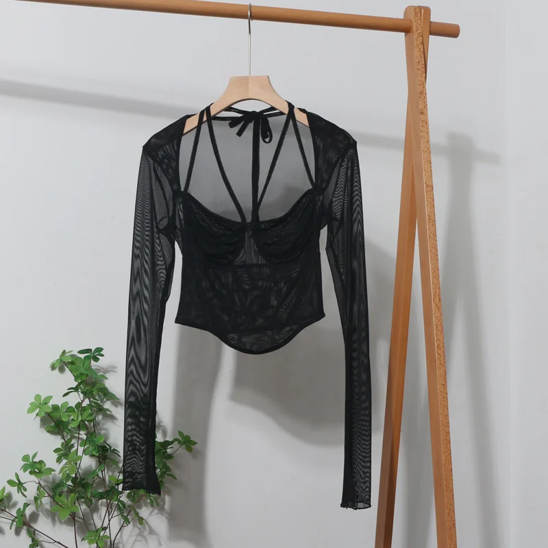 Churchf Sexy Hot Tie Tie With Hanging Neck Long-Sleeved Mesh T-Shirt Repair Short Open Fork Cuff Top 8932