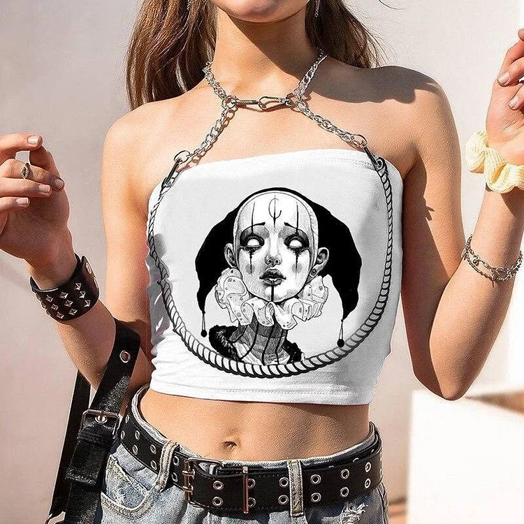 PUNK ROCK PRINTED CHAINED WHITE CROP TOP