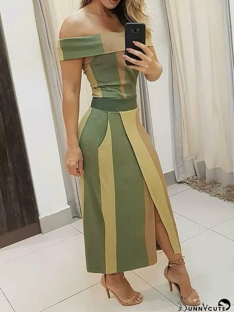 Colorblock Off Shoulder High Slit Maxi Dress for Women