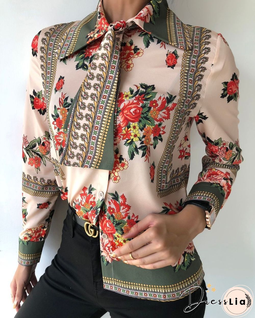 Tie Neck Scarf Print  Casual Shirt P15965