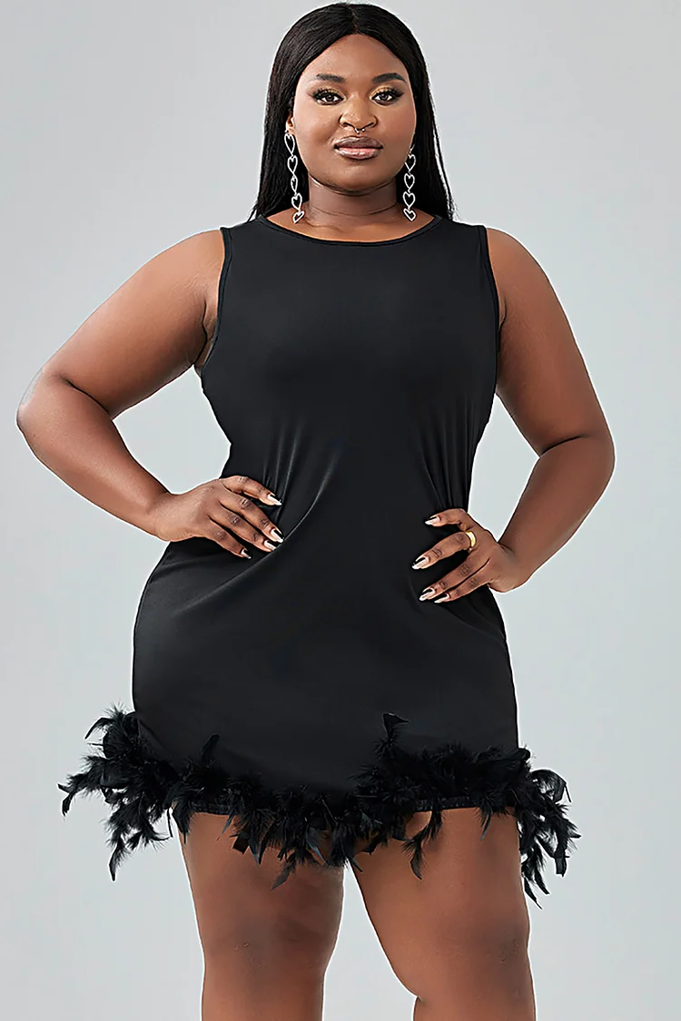 Xpluswear Design Plus Size Black Casual Dress Sleeveless Feather Slim Fit Mini Dresses