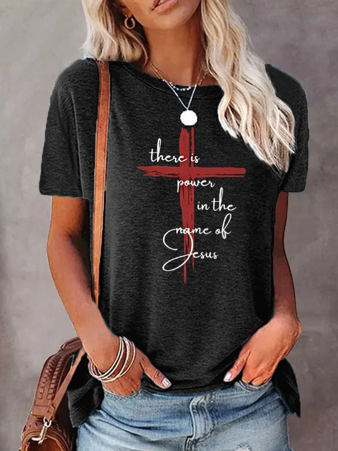 Women's There is Power in The Name of Jesus Faith Cross Printed T-shirt socialshop