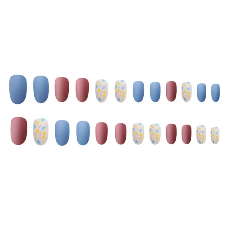 24PCS/box Fashionable Blue and Graffiti Pattern Wearable Fake Nails press on Short oval Head Lady Full Cover Finished Fingernail-Nail Inspo